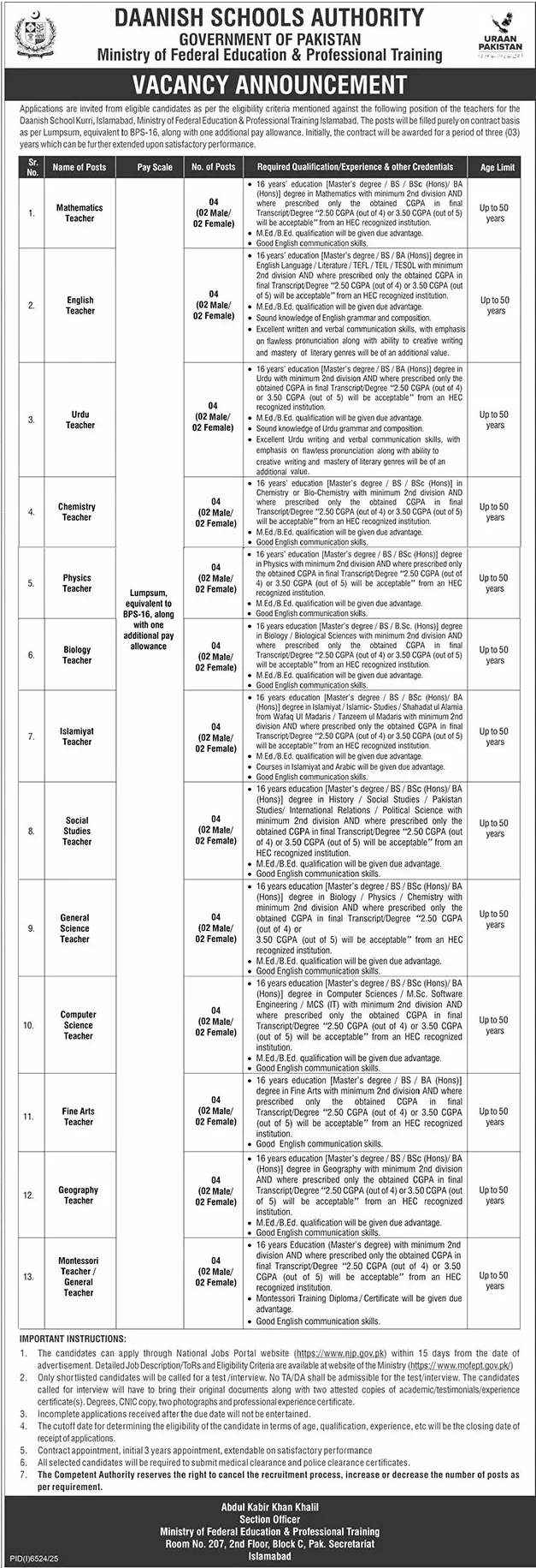 Daanish Schools Authority Jobs 2026 Advertisement