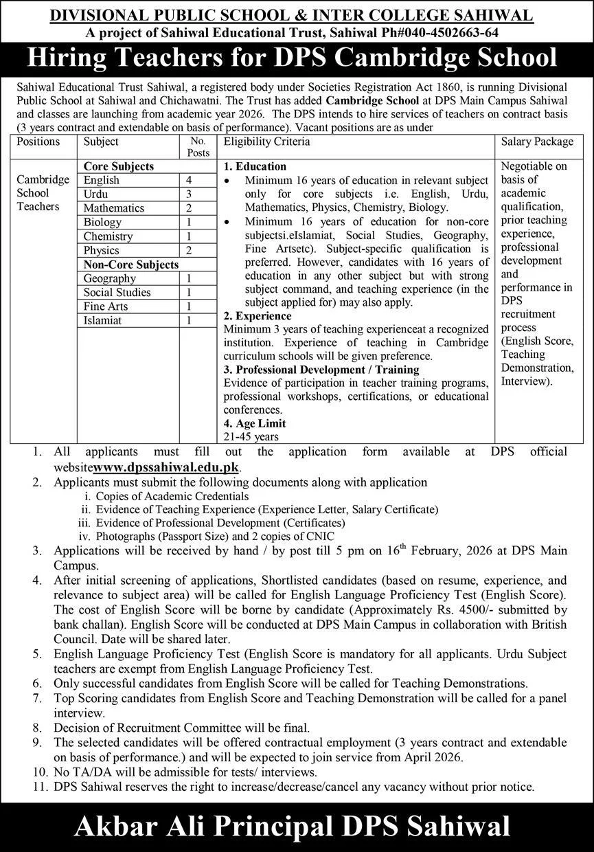 DPS Sahiwal Teaching Jobs 2026 